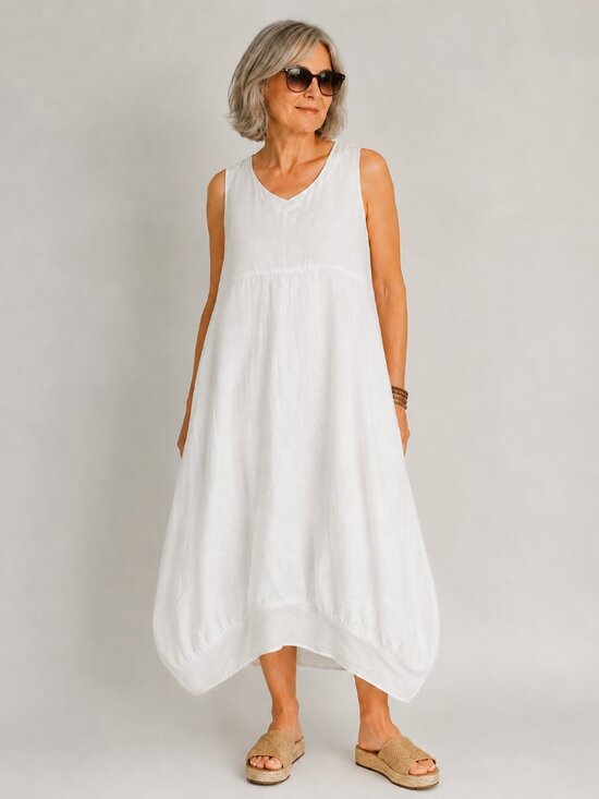 New Direction Dresses & Skirts - New Direction White Linen Blend Balloon Midi Dress Coastal Boho Relaxed Fit L/XL